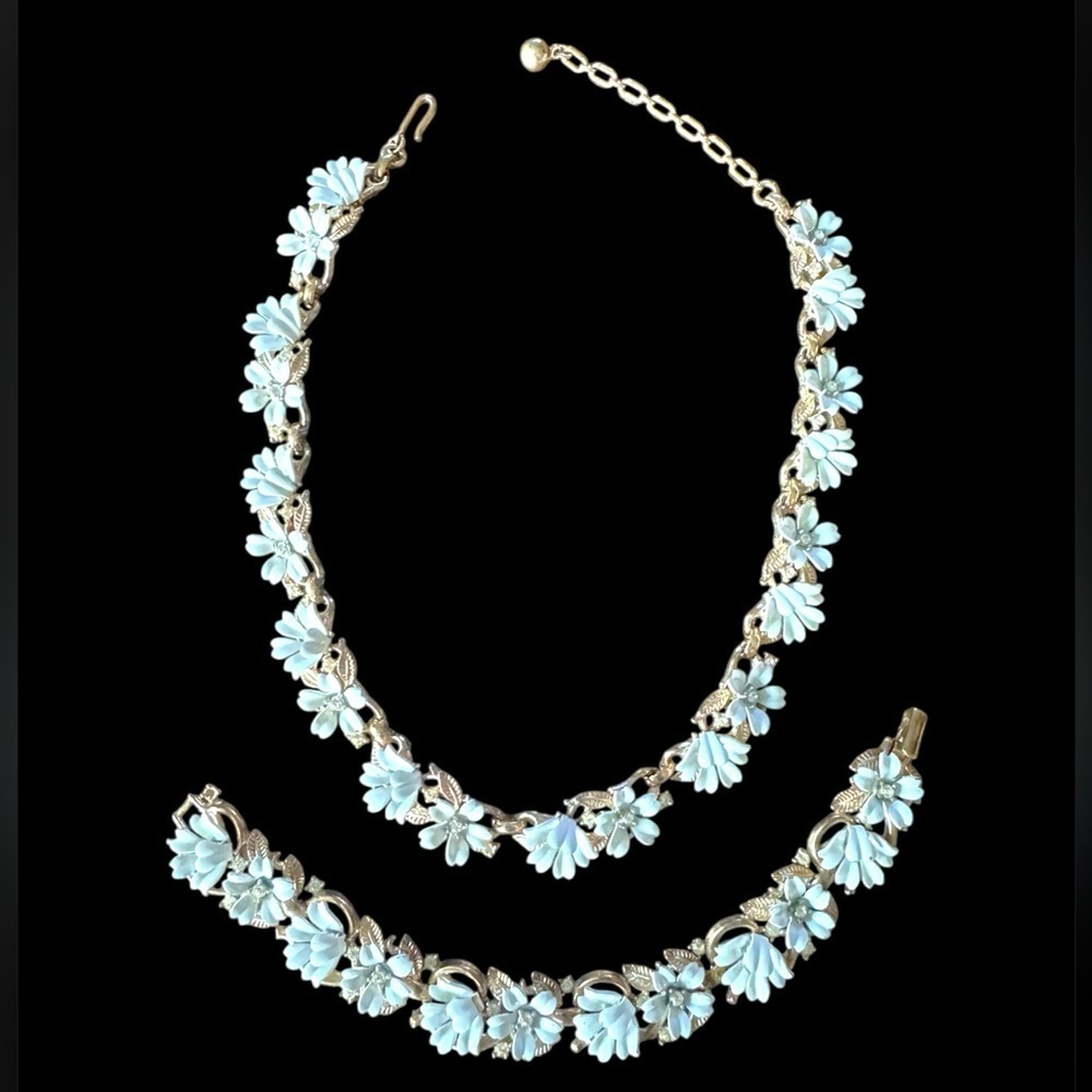 Vintage Trifari Signed White Enamel Flower Rhinestone Necklace and Bracelet Set